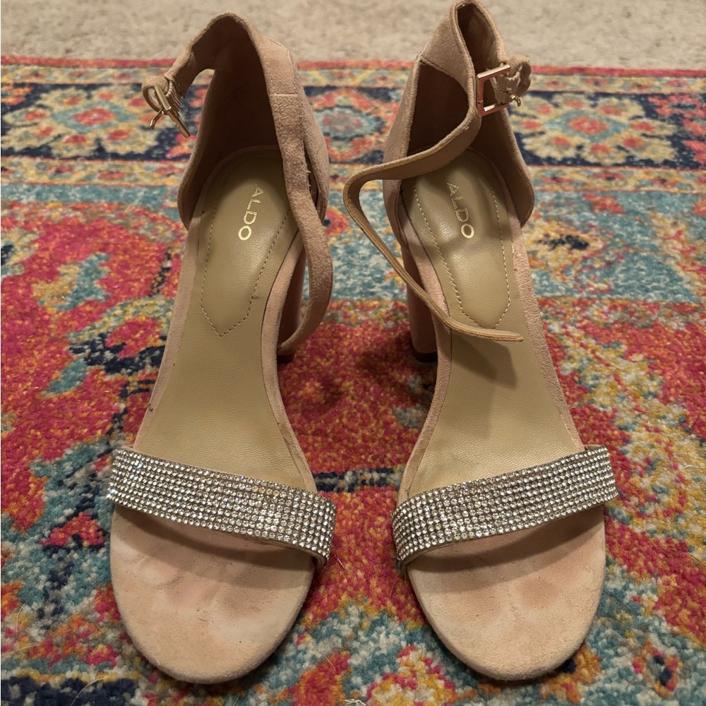 ALDO Women's Jerayclya Ankle Strap, Block Heel Sandal with rhinestone strap